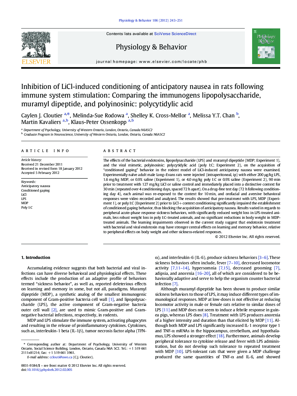 Inhibition of LiCl-induced conditioning of anticipatory nausea in rats following immune system stimulation: Comparing the immunogens lipopolysaccharide, muramyl dipeptide, and polyinosinic: polycytidylic acid