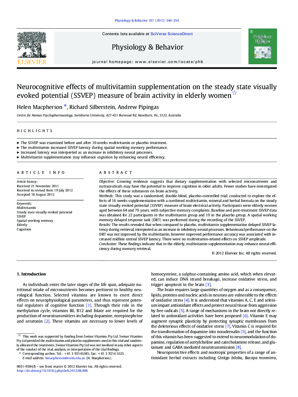 Neurocognitive effects of multivitamin supplementation on the steady state visually evoked potential (SSVEP) measure of brain activity in elderly women