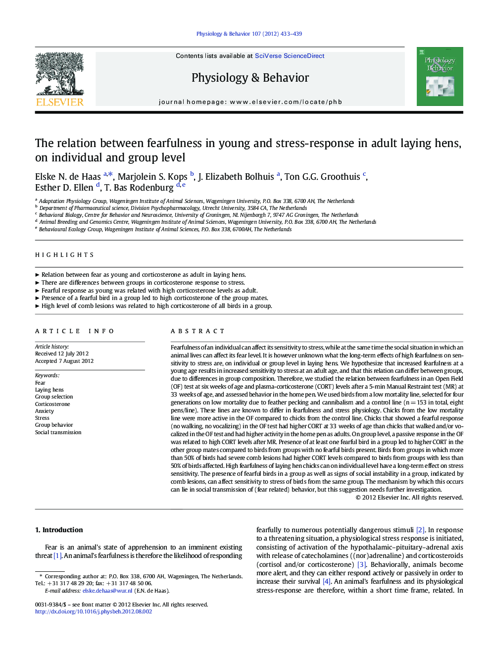 The relation between fearfulness in young and stress-response in adult laying hens, on individual and group level