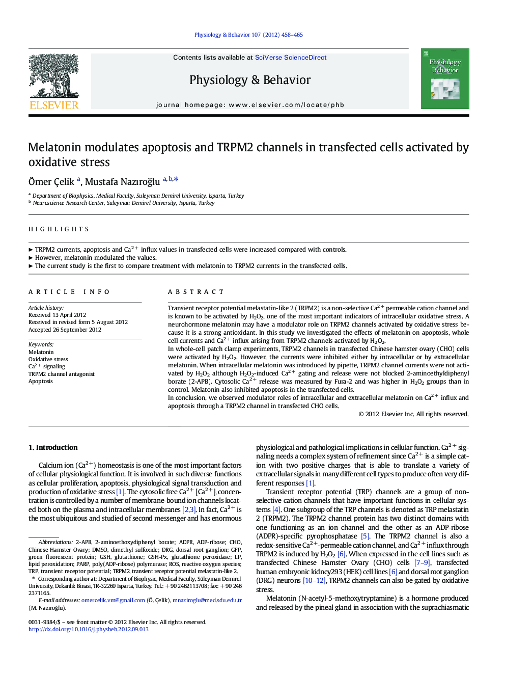 Melatonin modulates apoptosis and TRPM2 channels in transfected cells activated by oxidative stress