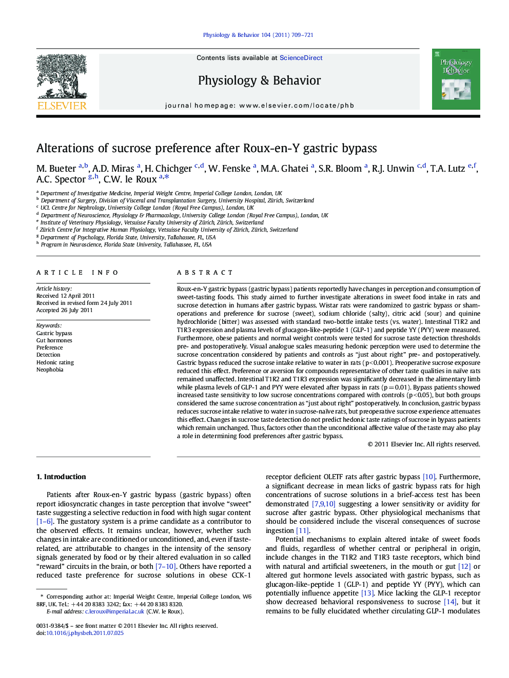 Alterations of sucrose preference after Roux-en-Y gastric bypass