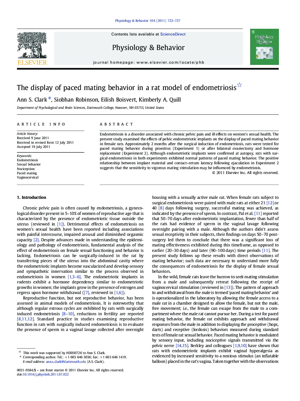 The display of paced mating behavior in a rat model of endometriosis