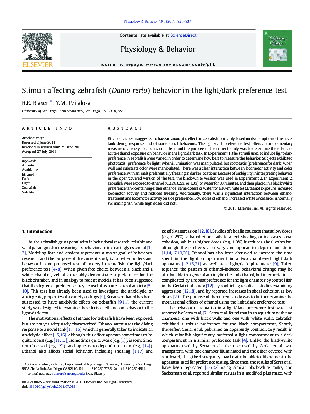 Stimuli affecting zebrafish (Danio rerio) behavior in the light/dark preference test