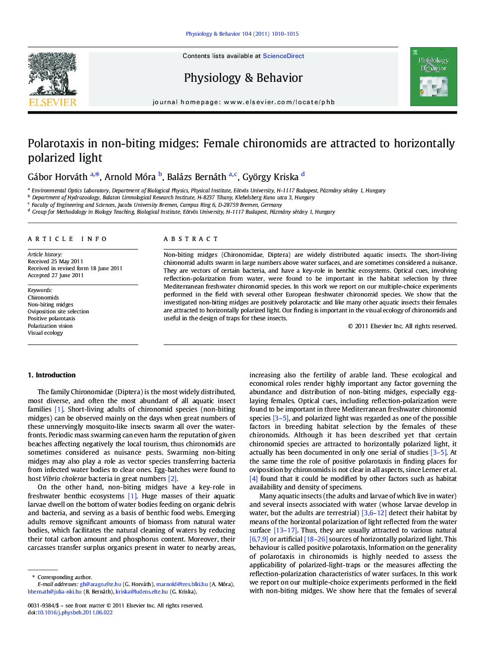 Polarotaxis in non-biting midges: Female chironomids are attracted to horizontally polarized light