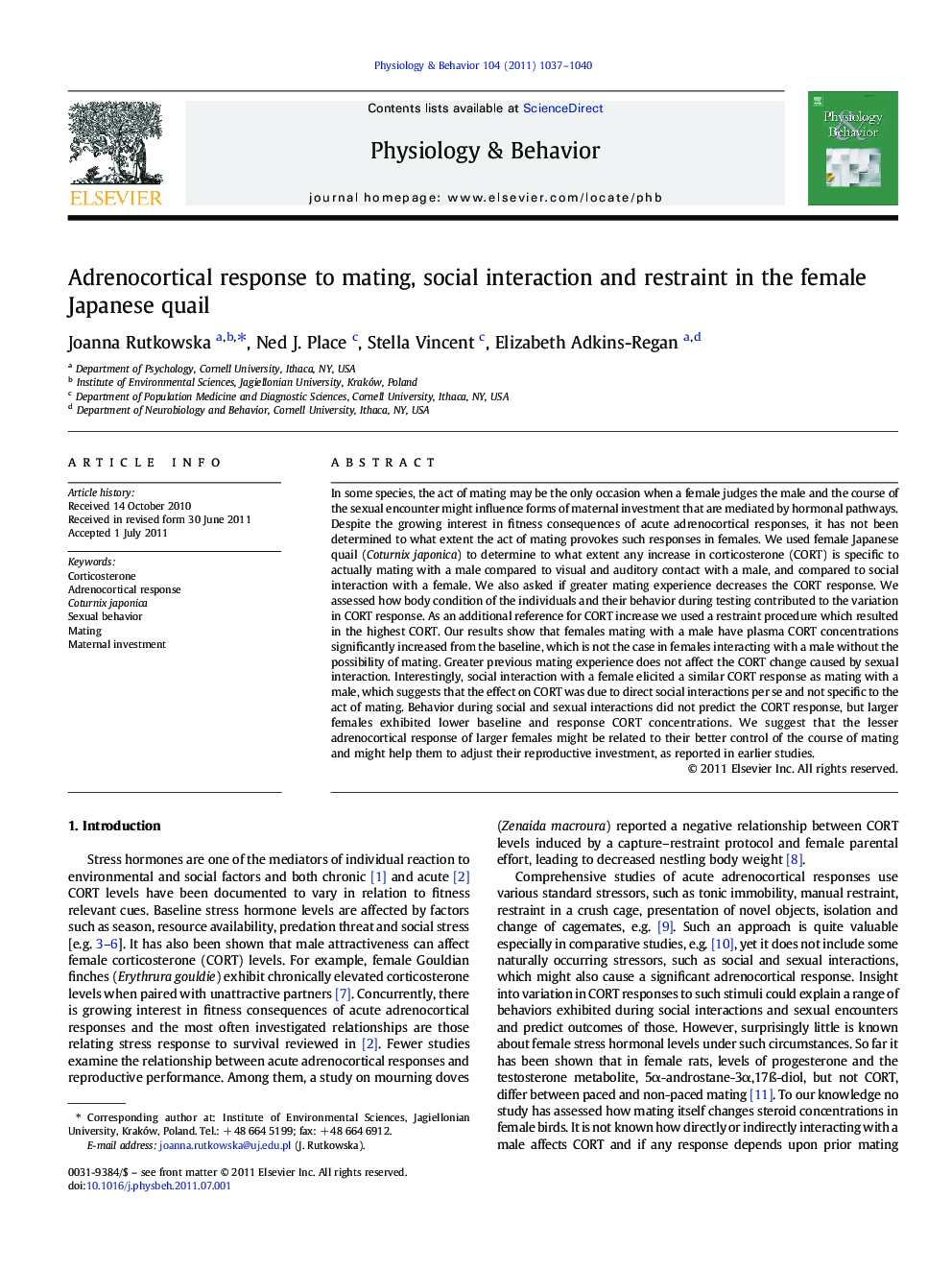 Adrenocortical response to mating, social interaction and restraint in the female Japanese quail