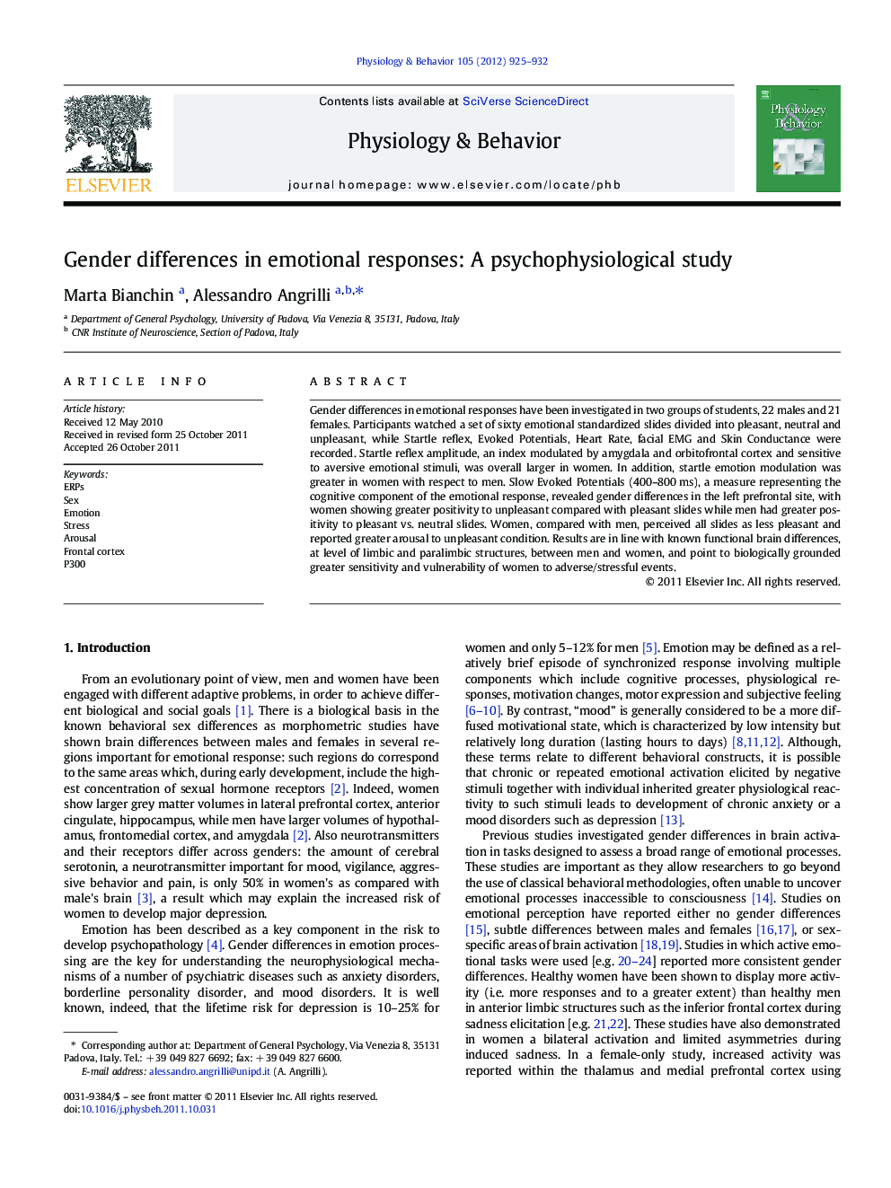 Gender differences in emotional responses: A psychophysiological study