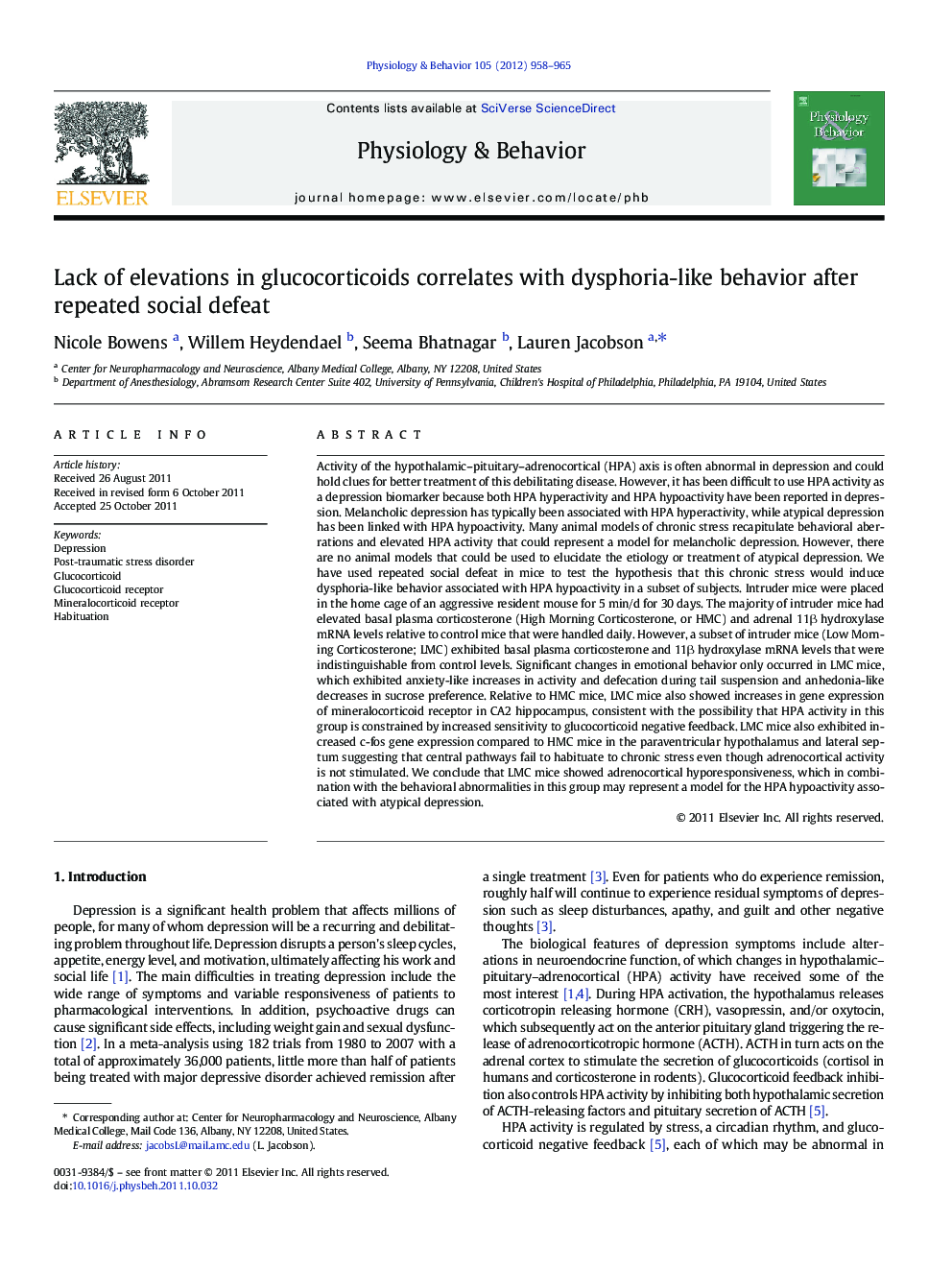 Lack of elevations in glucocorticoids correlates with dysphoria-like behavior after repeated social defeat