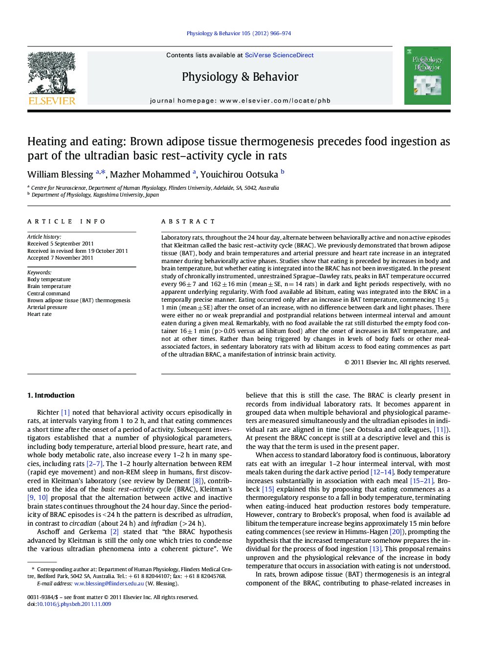 Heating and eating: Brown adipose tissue thermogenesis precedes food ingestion as part of the ultradian basic rest-activity cycle in rats