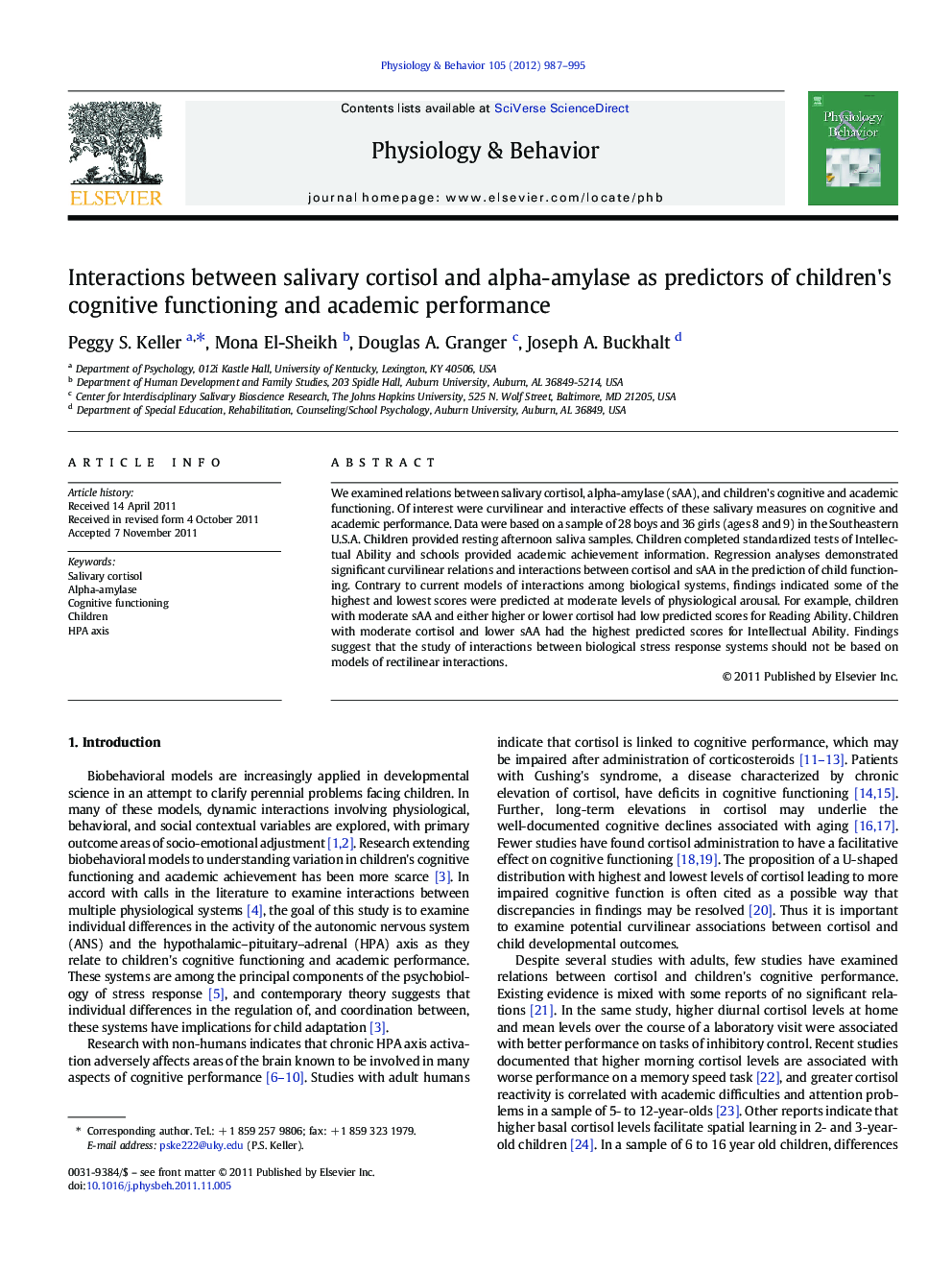 Interactions between salivary cortisol and alpha-amylase as predictors of children's cognitive functioning and academic performance