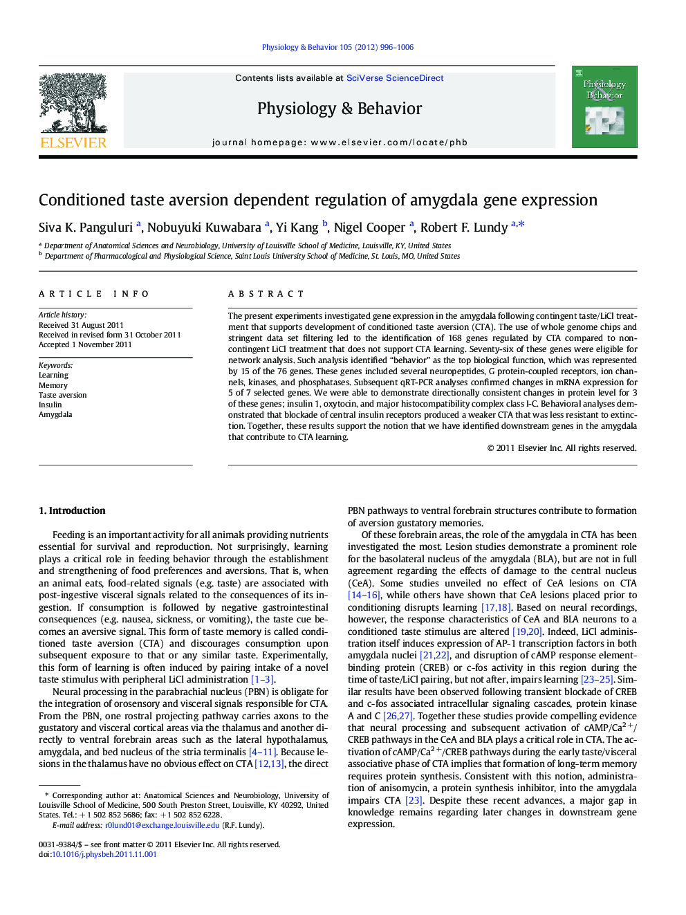 Conditioned taste aversion dependent regulation of amygdala gene expression