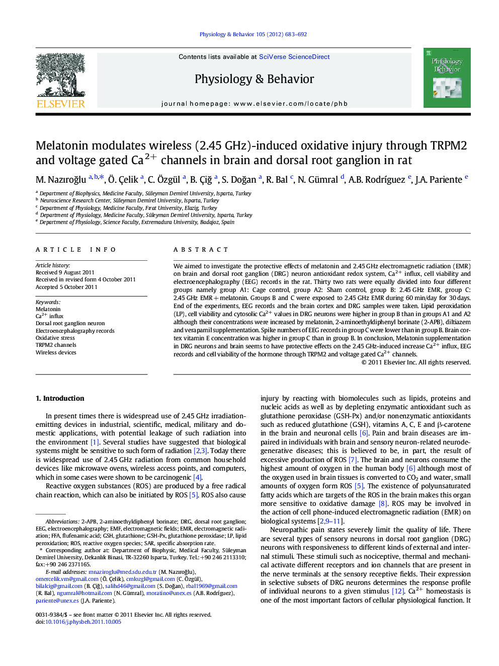 Melatonin modulates wireless (2.45 GHz)-induced oxidative injury through TRPM2 and voltage gated Ca2+ channels in brain and dorsal root ganglion in rat