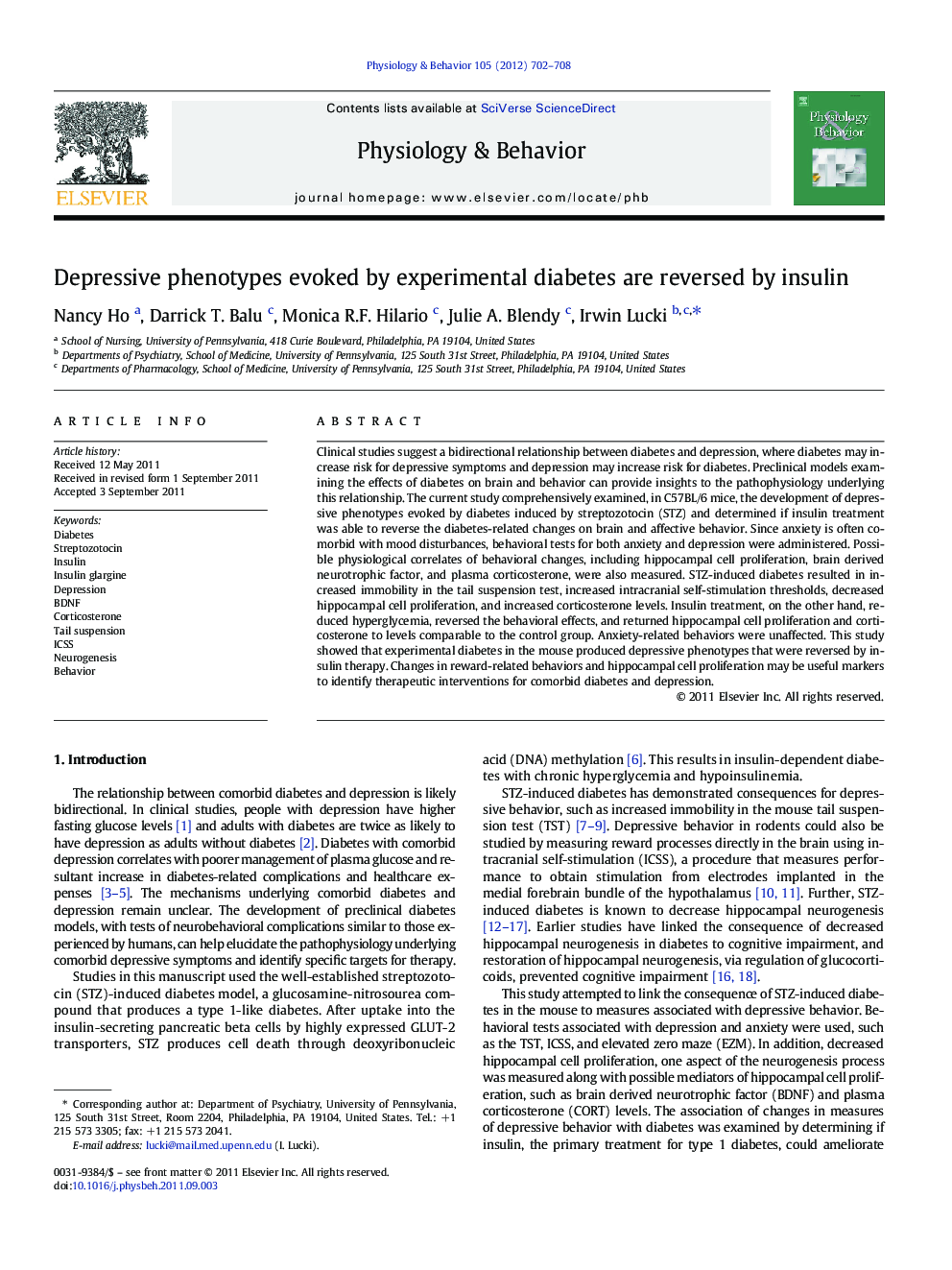 Depressive phenotypes evoked by experimental diabetes are reversed by insulin