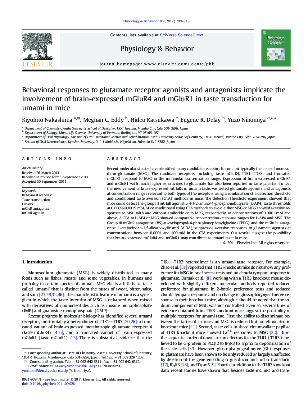 Behavioral responses to glutamate receptor agonists and antagonists implicate the involvement of brain-expressed mGluR4 and mGluR1 in taste transduction for umami in mice