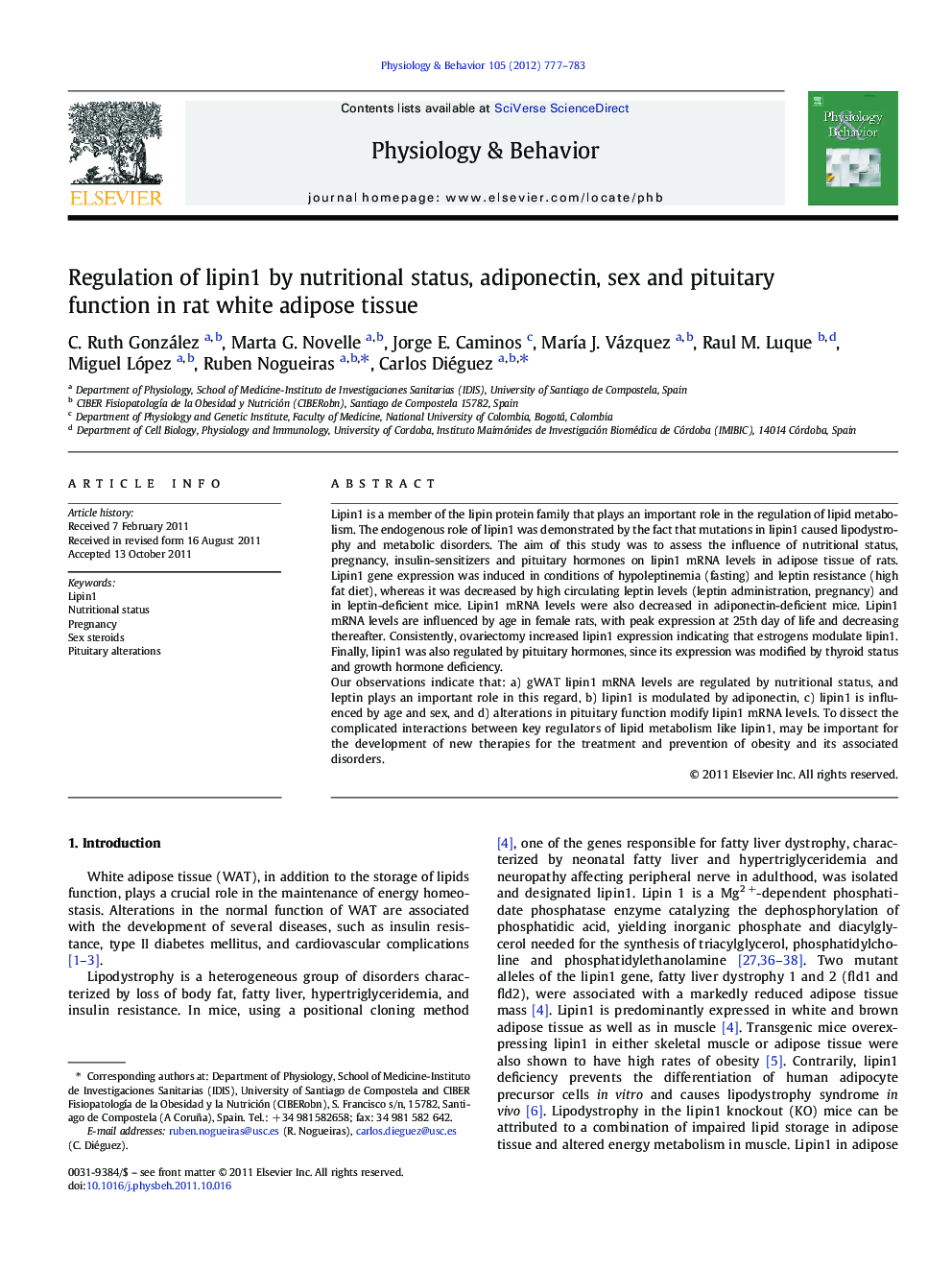 Regulation of lipin1 by nutritional status, adiponectin, sex and pituitary function in rat white adipose tissue