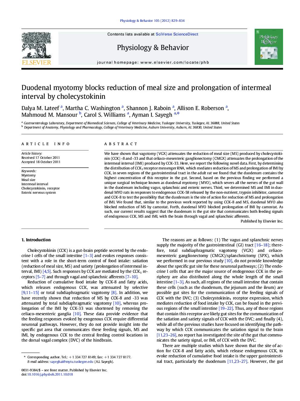 Duodenal myotomy blocks reduction of meal size and prolongation of intermeal interval by cholecystokinin