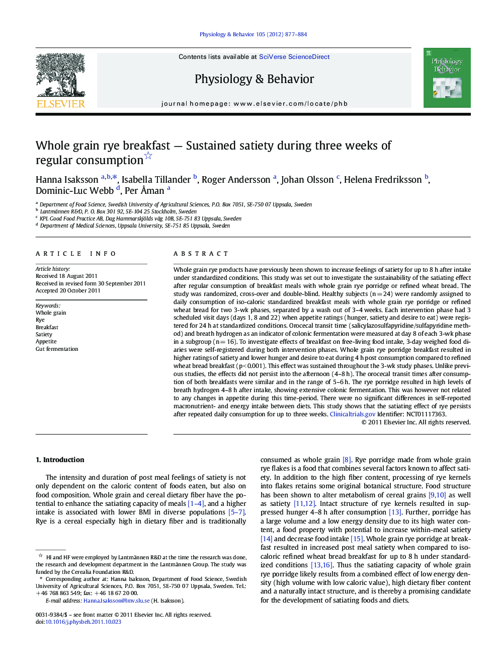 عکس صفحه اول مقاله: Whole grain rye breakfast - Sustained satiety during three weeks of regular consumption Whole grain rye breakfast - Sustained satiety during three weeks of regular consumption