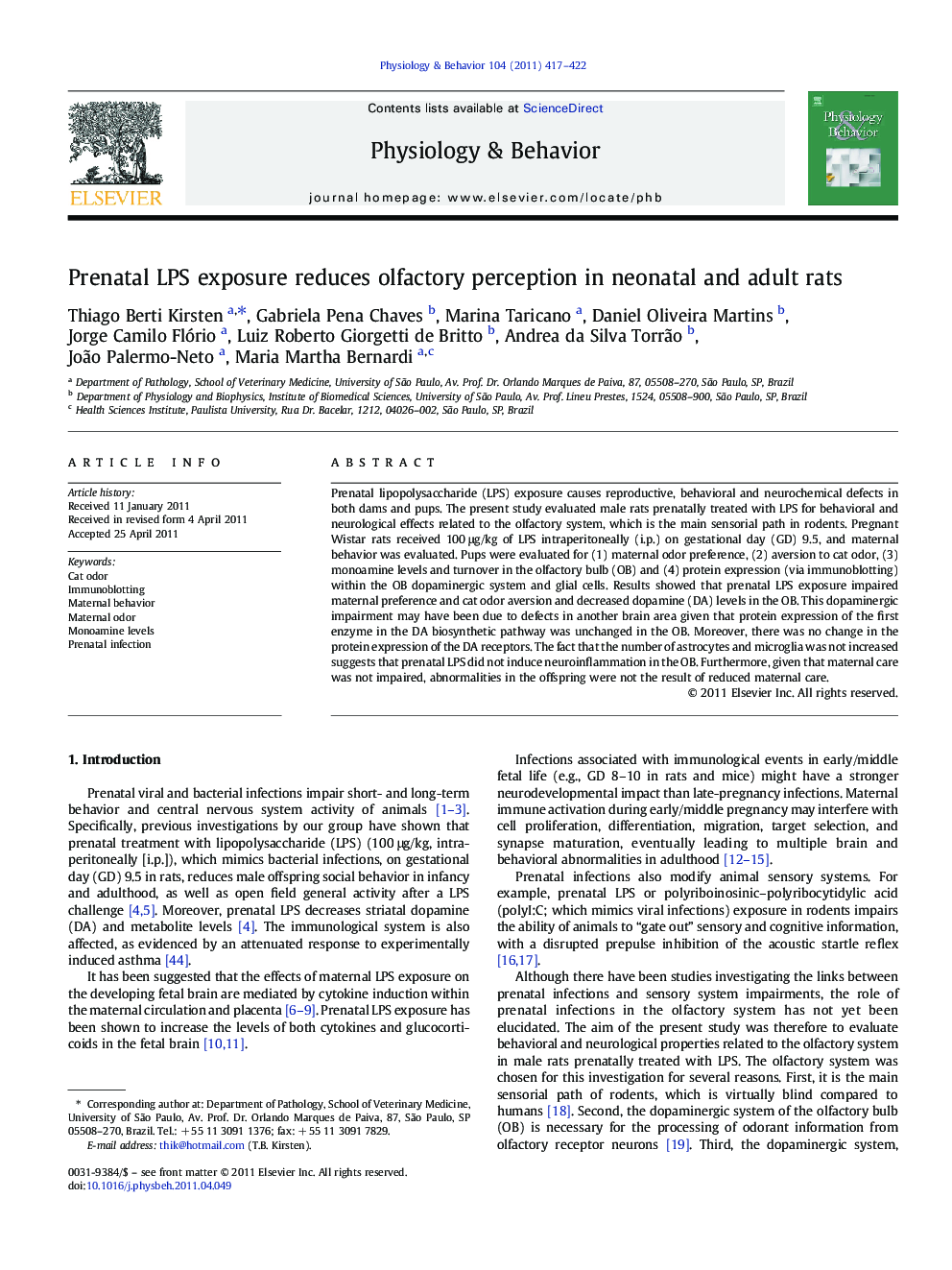 Prenatal LPS exposure reduces olfactory perception in neonatal and adult rats