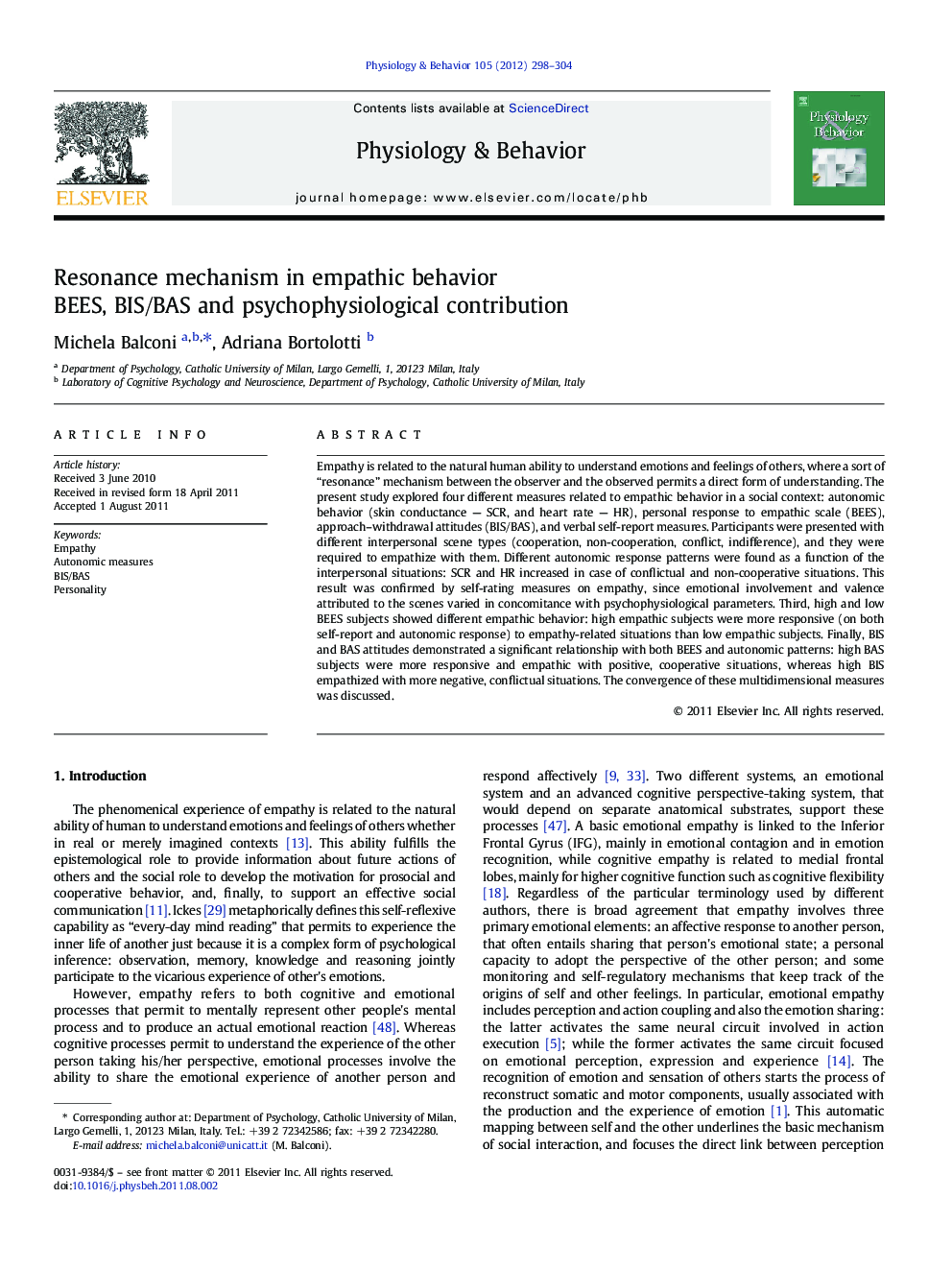 Resonance mechanism in empathic behavior: BEES, BIS/BAS and psychophysiological contribution