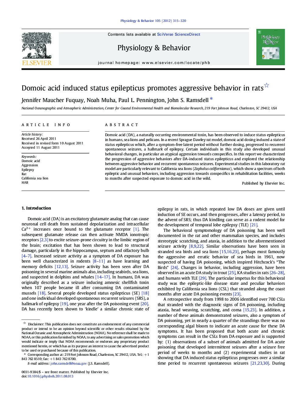 Domoic acid induced status epilepticus promotes aggressive behavior in rats