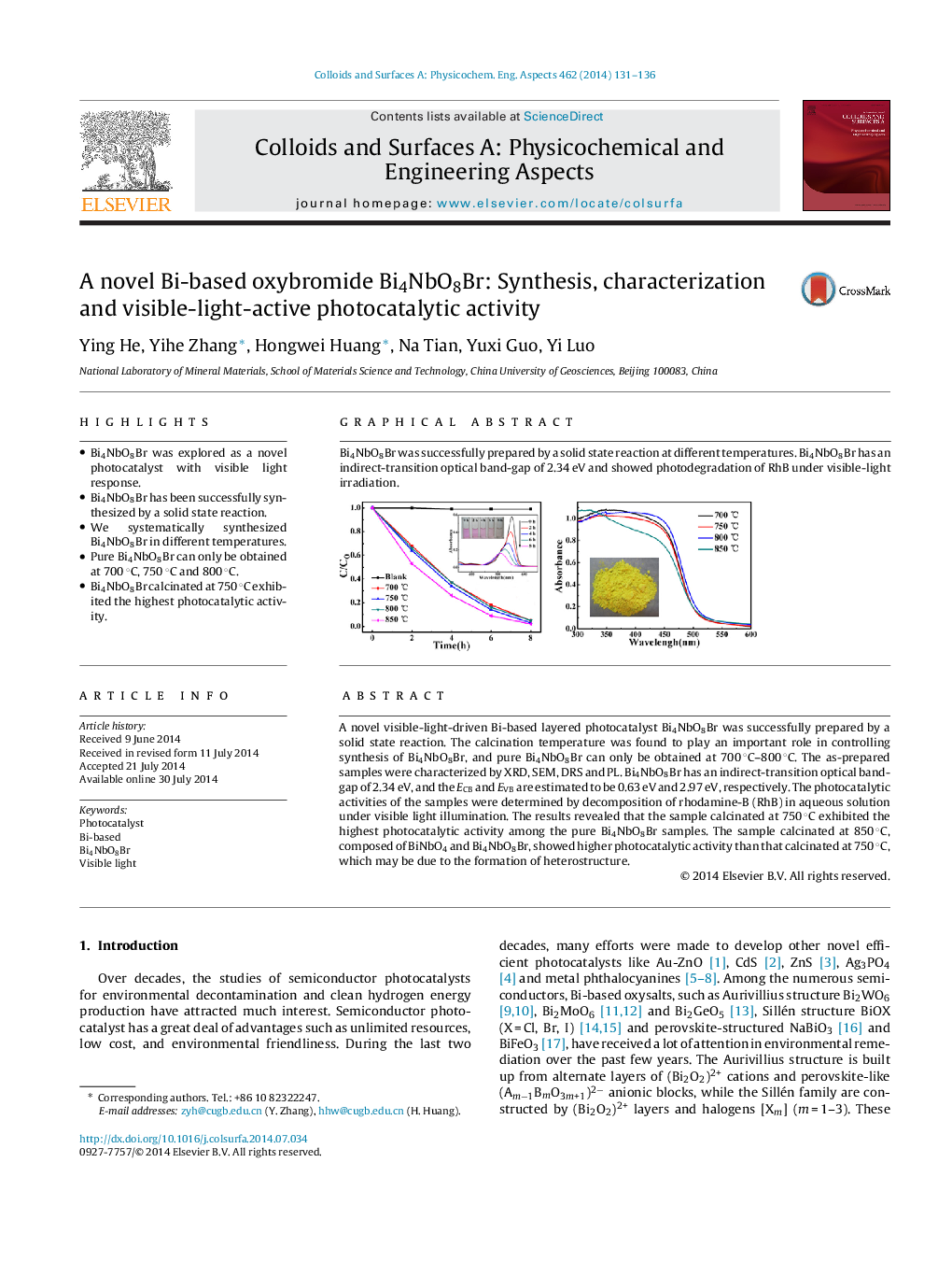 A novel Bi-based oxybromide Bi4NbO8Br: Synthesis, characterization and visible-light-active photocatalytic activity