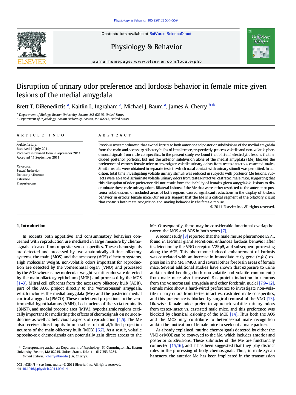 Disruption of urinary odor preference and lordosis behavior in female mice given lesions of the medial amygdala