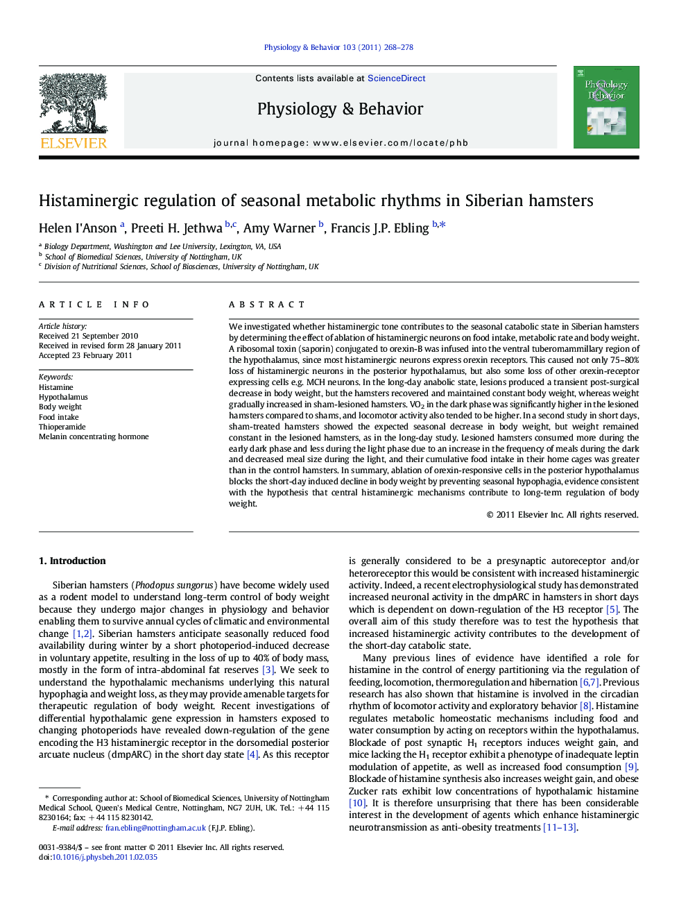 Histaminergic regulation of seasonal metabolic rhythms in Siberian hamsters