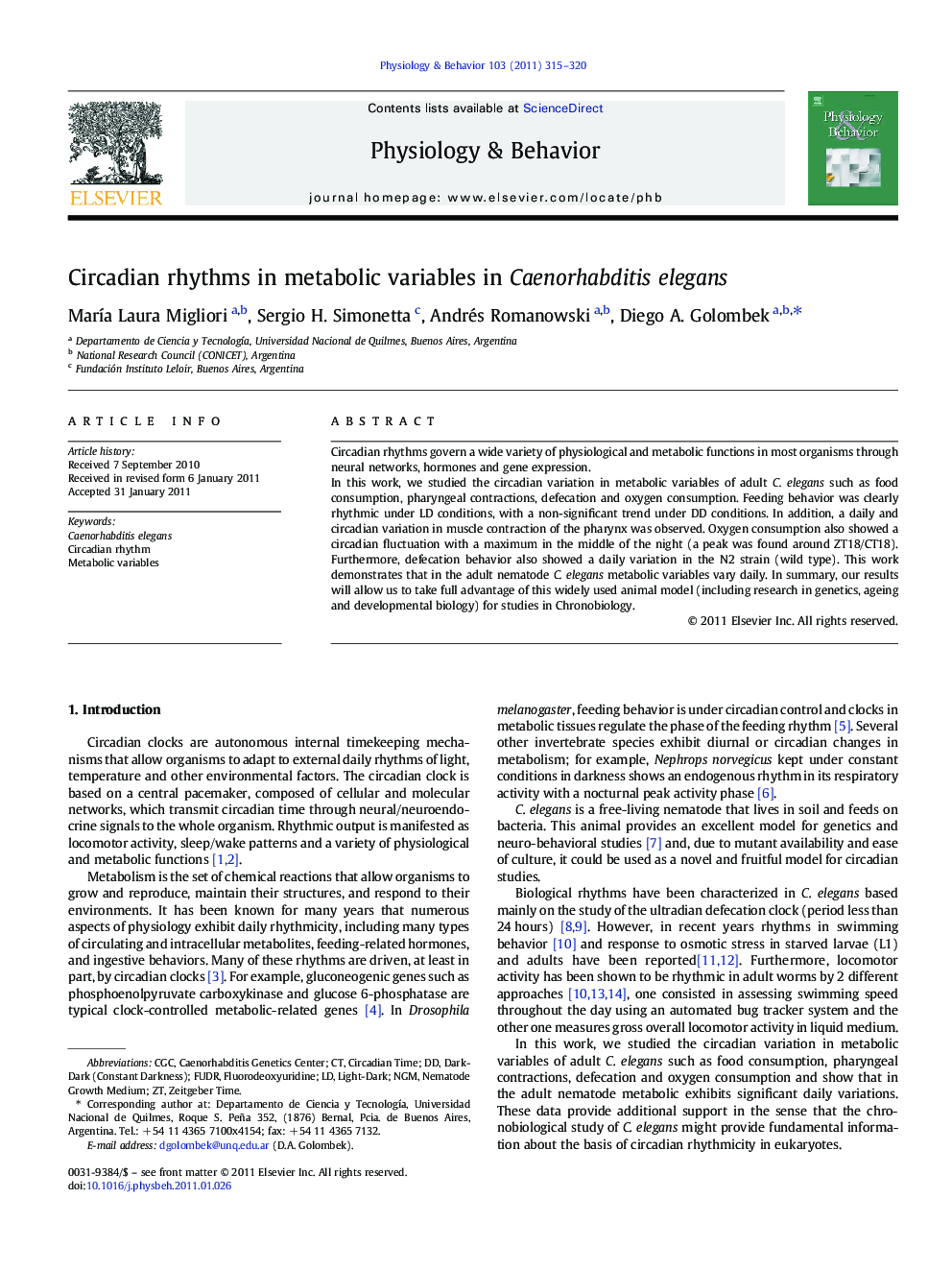 Circadian rhythms in metabolic variables in Caenorhabditis elegans