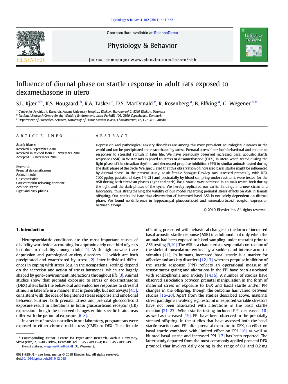 Influence of diurnal phase on startle response in adult rats exposed to dexamethasone in utero