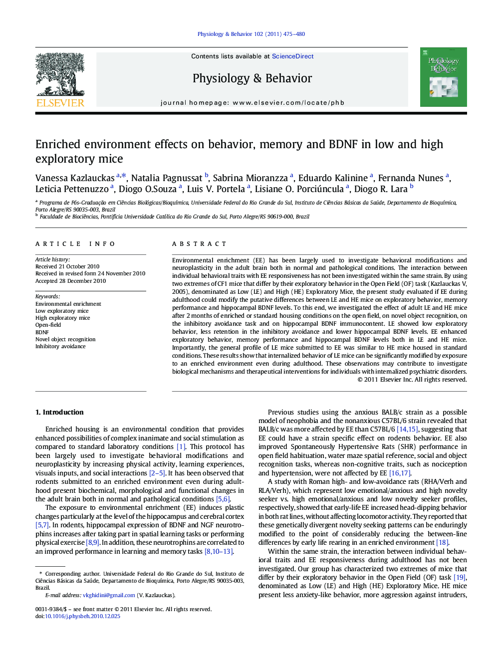 Enriched environment effects on behavior, memory and BDNF in low and high exploratory mice