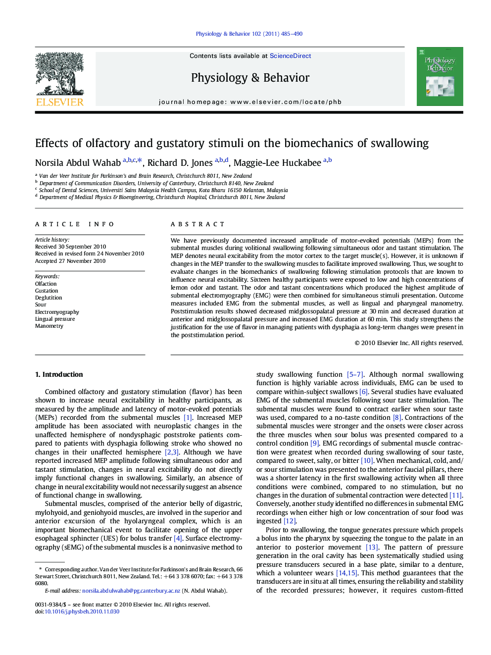 Effects of olfactory and gustatory stimuli on the biomechanics of swallowing