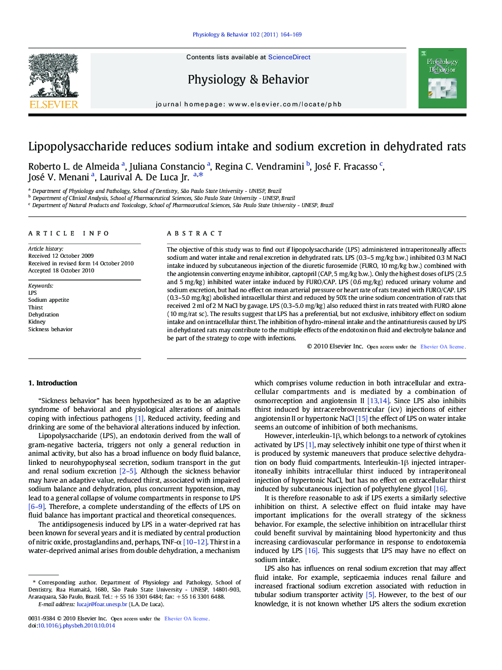 Lipopolysaccharide reduces sodium intake and sodium excretion in dehydrated rats