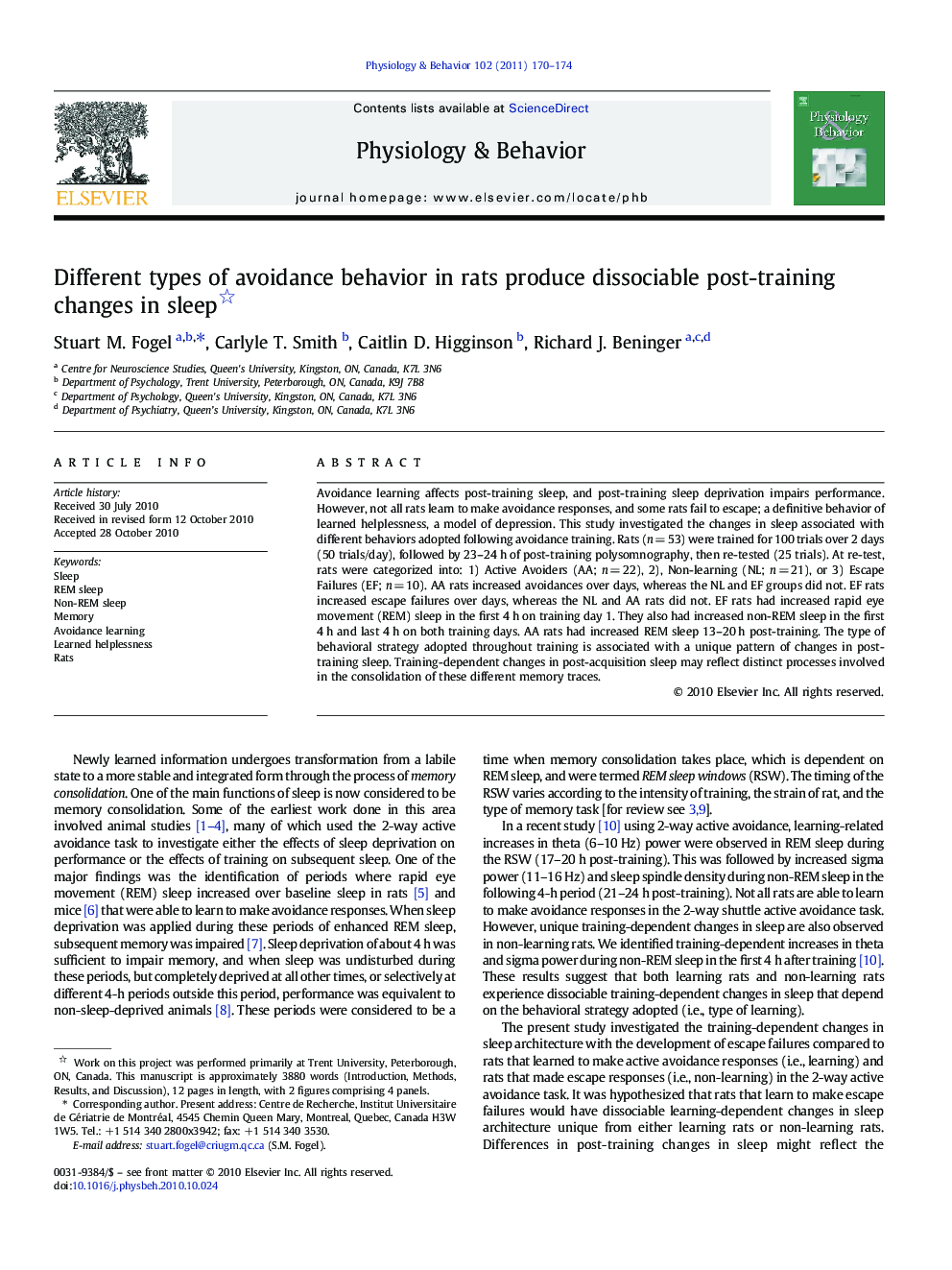 Different types of avoidance behavior in rats produce dissociable post-training changes in sleep