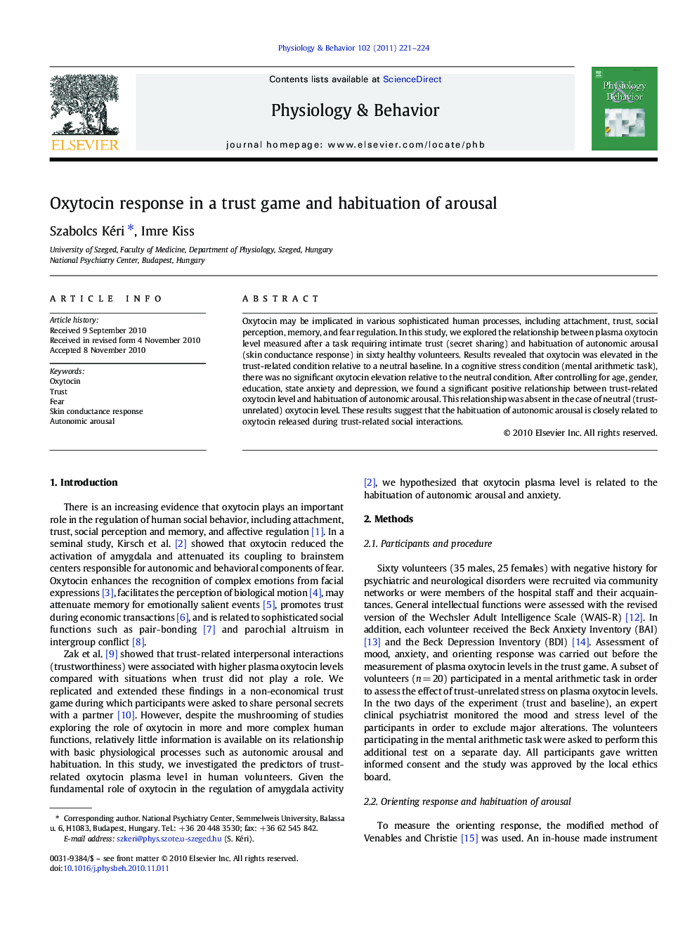 Oxytocin response in a trust game and habituation of arousal