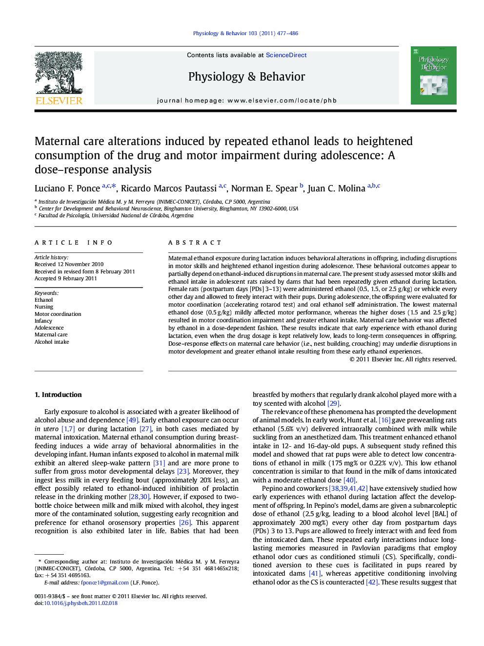 Maternal care alterations induced by repeated ethanol leads to heightened consumption of the drug and motor impairment during adolescence: A dose-response analysis