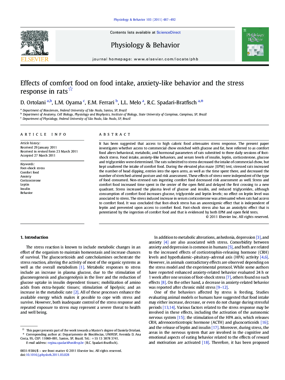 Effects of comfort food on food intake, anxiety-like behavior and the stress response in rats