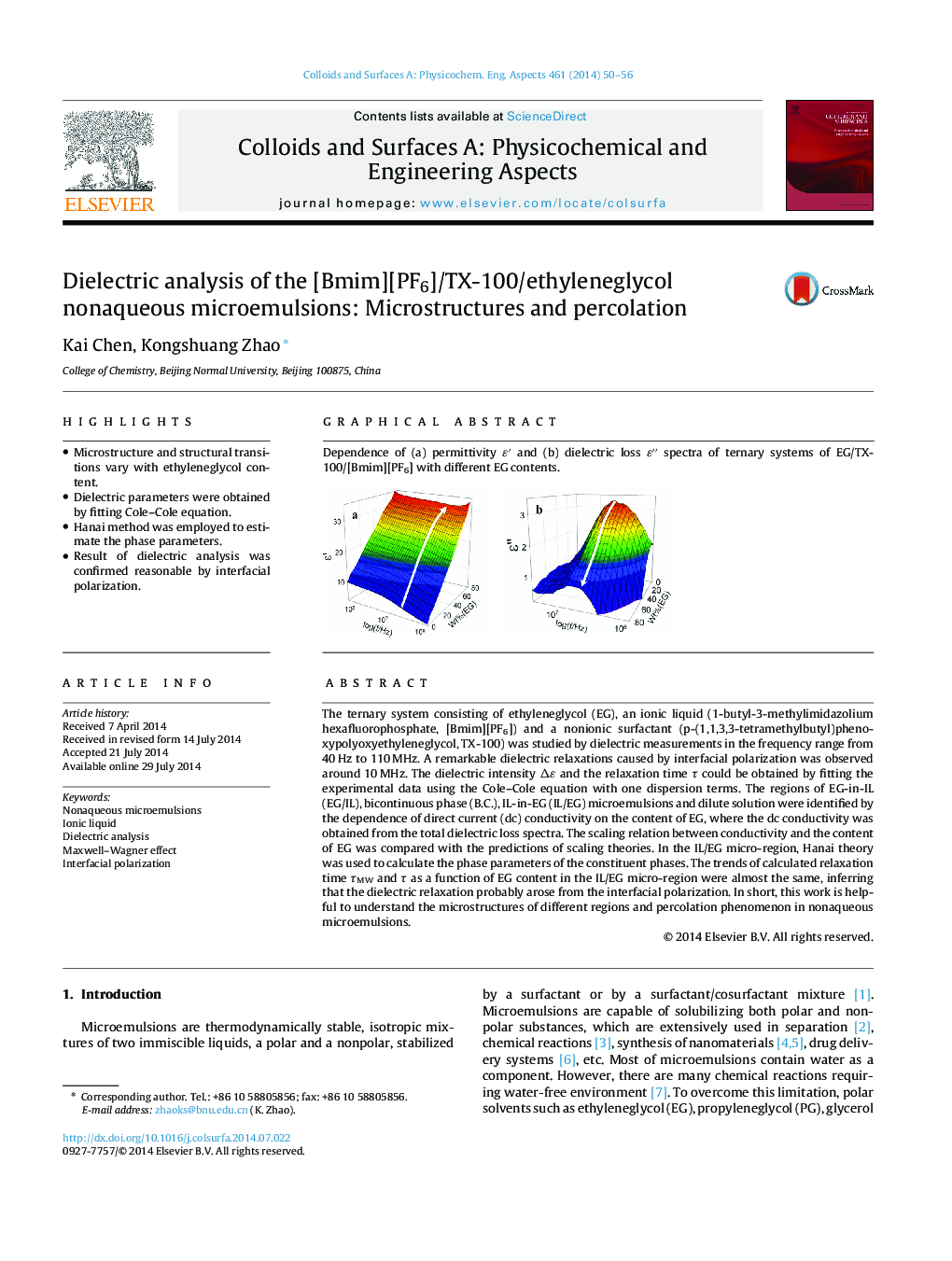 Dielectric analysis of the [Bmim][PF6]/TX-100/ethyleneglycol nonaqueous microemulsions: Microstructures and percolation