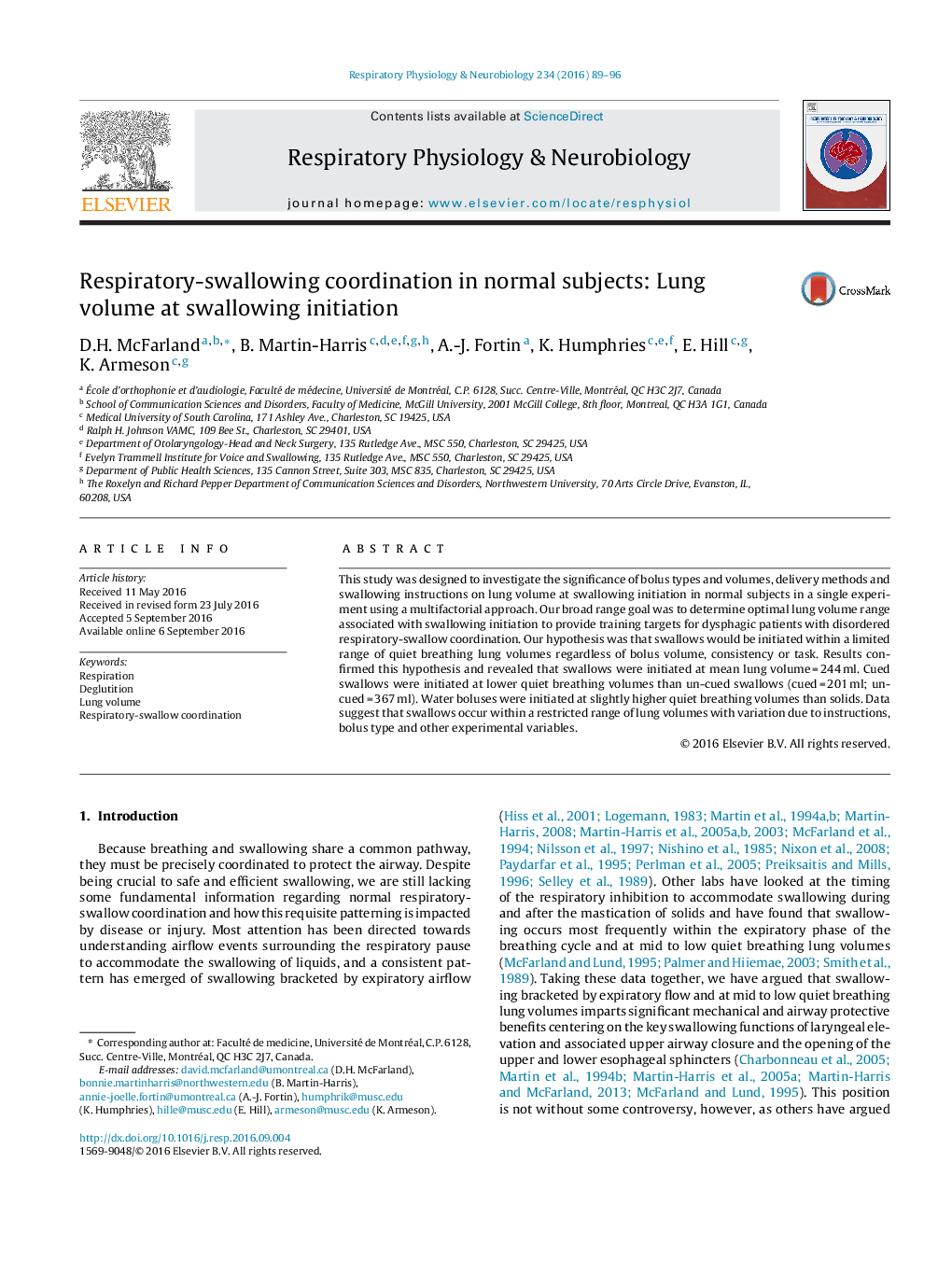 Respiratory-swallowing coordination in normal subjects: Lung volume at swallowing initiation