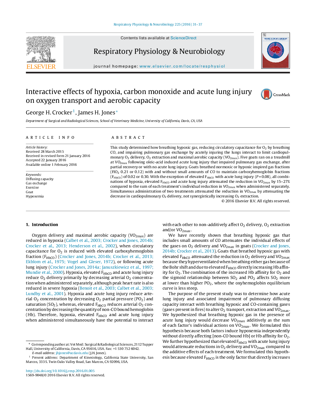 Interactive effects of hypoxia, carbon monoxide and acute lung injury on oxygen transport and aerobic capacity