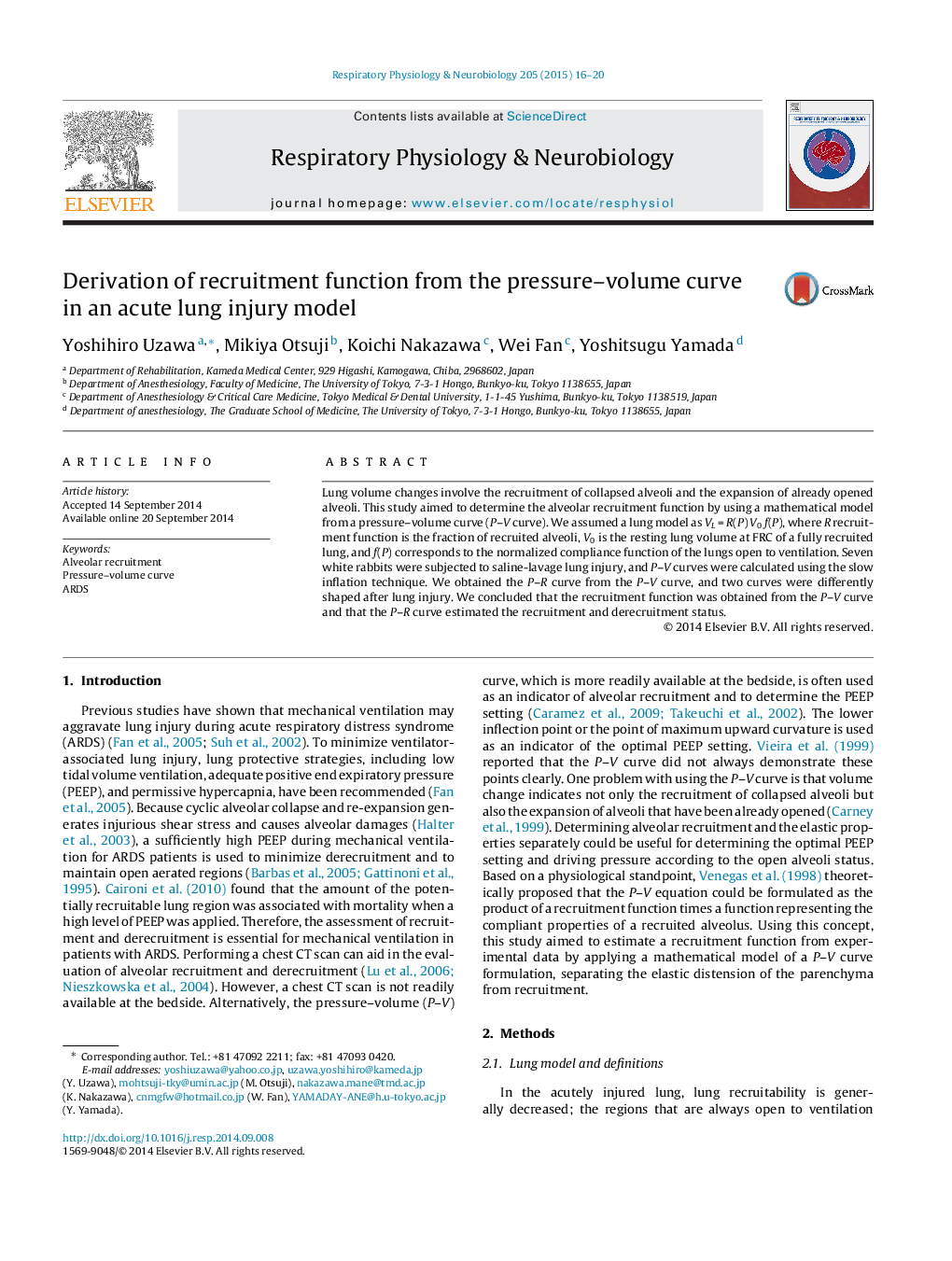 Derivation of recruitment function from the pressure-volume curve in an acute lung injury model