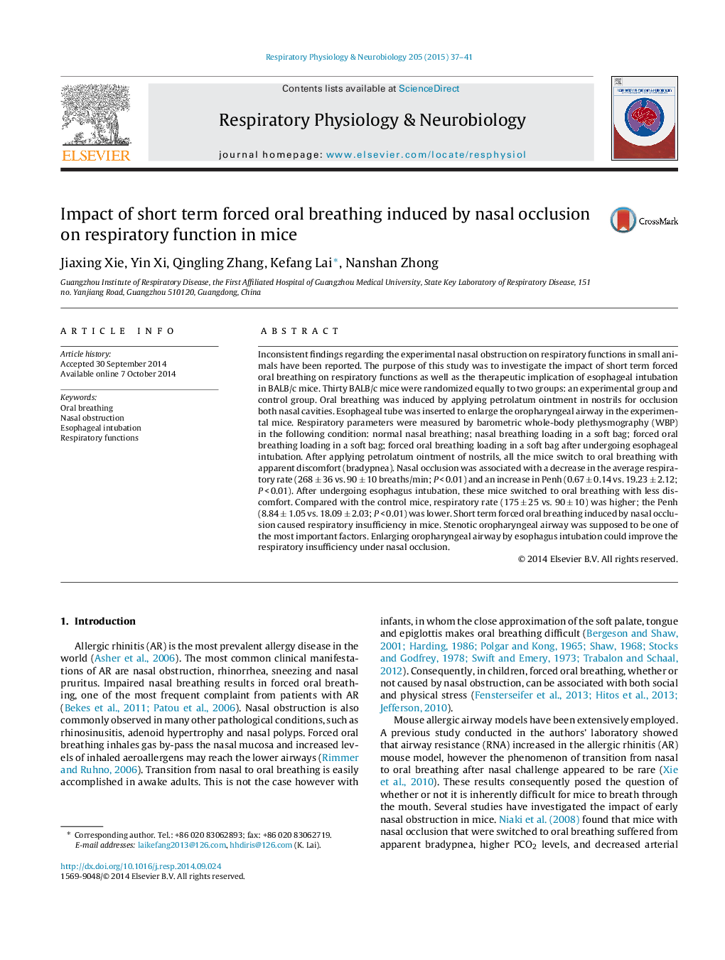 Impact of short term forced oral breathing induced by nasal occlusion on respiratory function in mice