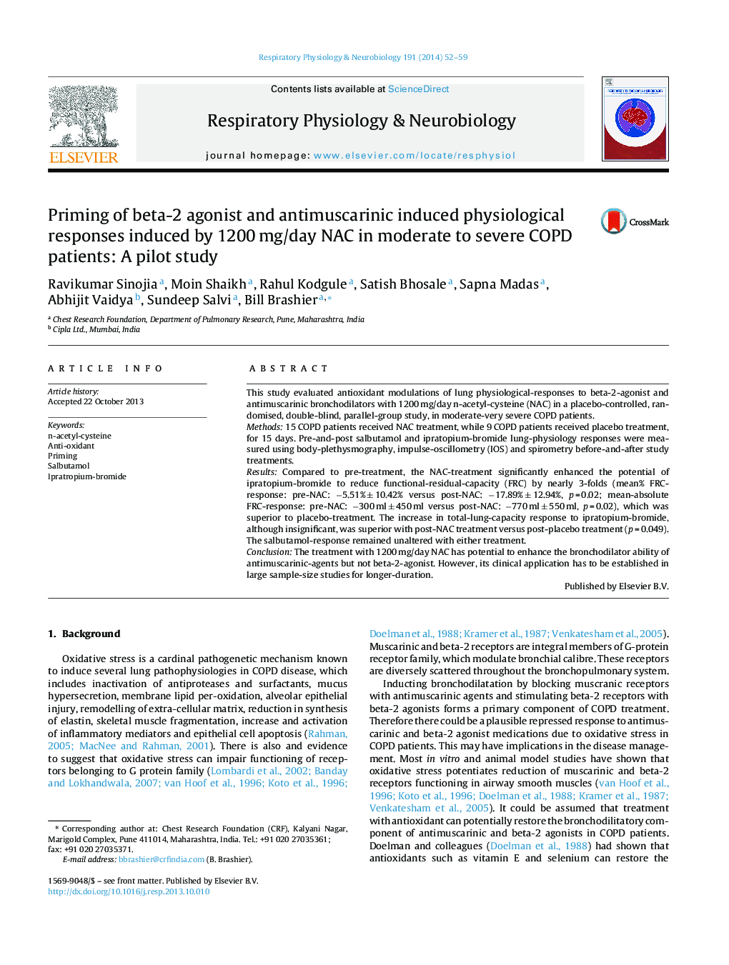 Priming of beta-2 agonist and antimuscarinic induced physiological responses induced by 1200Â mg/day NAC in moderate to severe COPD patients: A pilot study