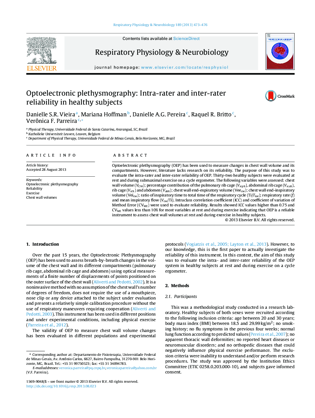 Optoelectronic plethysmography: Intra-rater and inter-rater reliability in healthy subjects