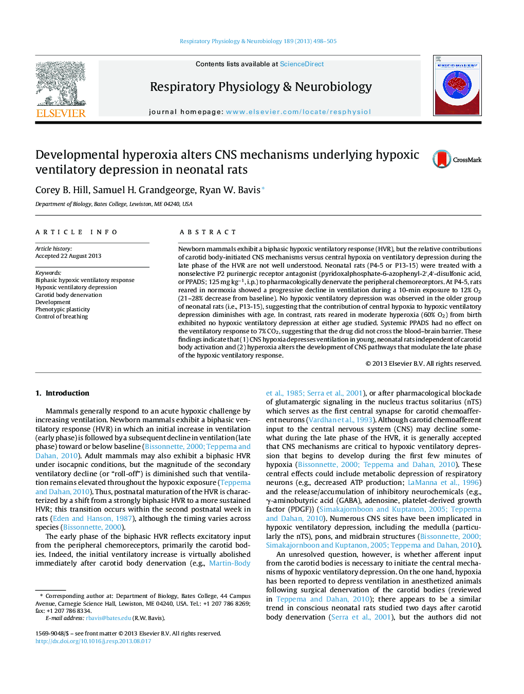 Developmental hyperoxia alters CNS mechanisms underlying hypoxic ventilatory depression in neonatal rats