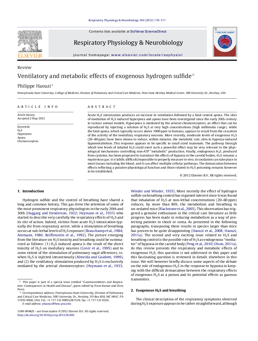 Ventilatory and metabolic effects of exogenous hydrogen sulfide