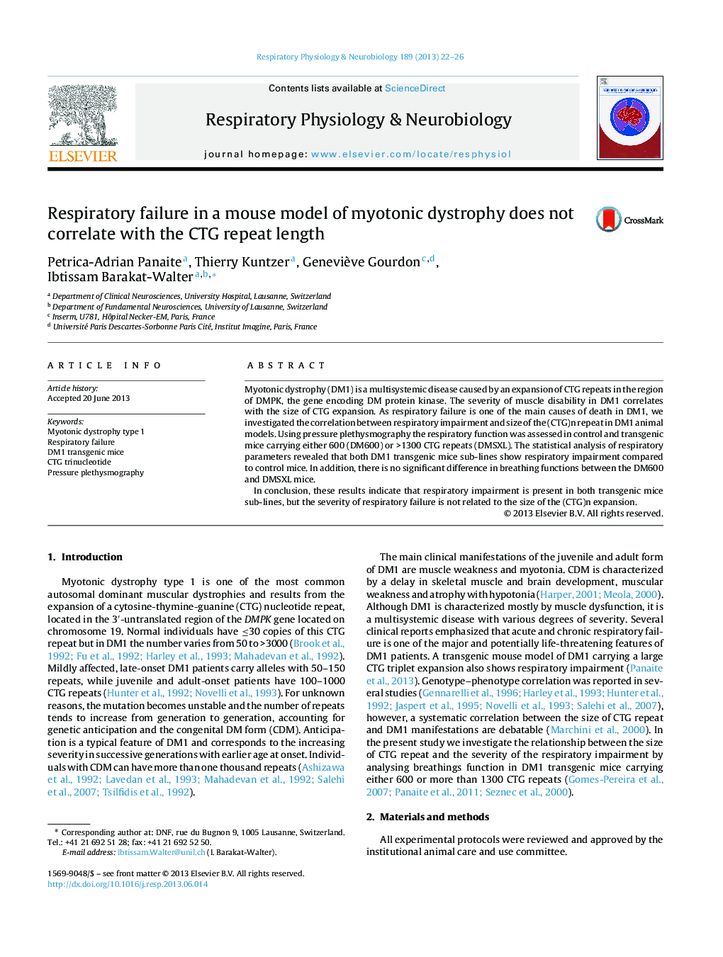 Respiratory failure in a mouse model of myotonic dystrophy does not correlate with the CTG repeat length