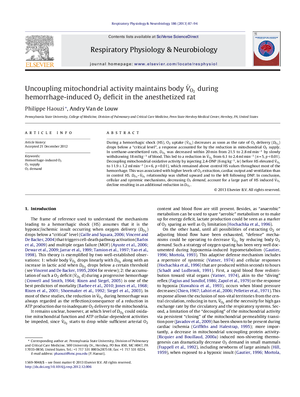 Uncoupling mitochondrial activity maintains body VËO2 during hemorrhage-induced O2 deficit in the anesthetized rat