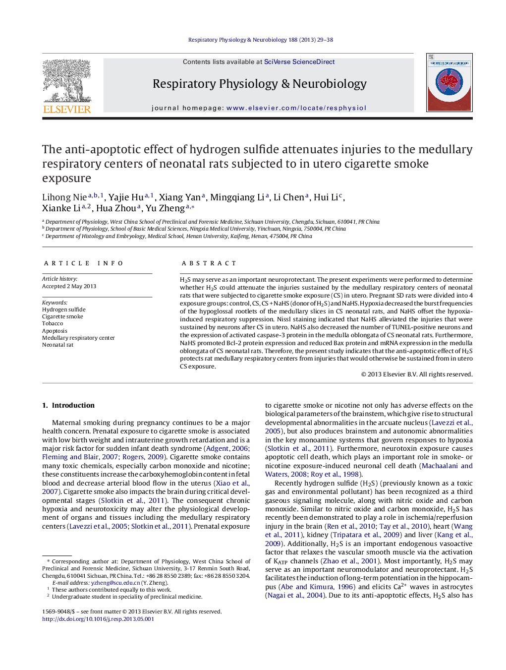 The anti-apoptotic effect of hydrogen sulfide attenuates injuries to the medullary respiratory centers of neonatal rats subjected to in utero cigarette smoke exposure