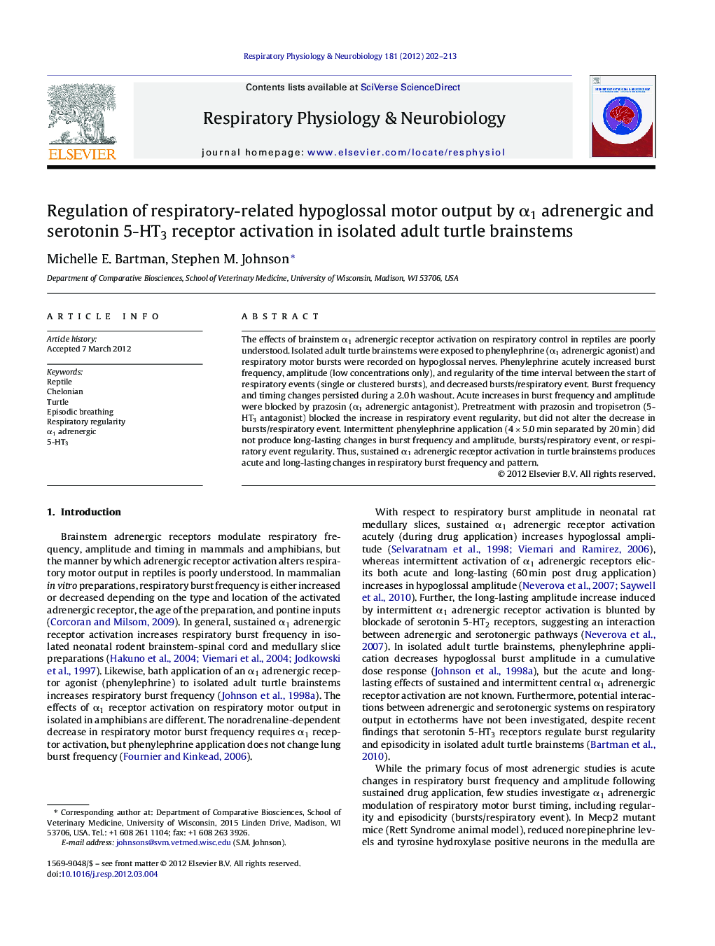 Regulation of respiratory-related hypoglossal motor output by Î±1 adrenergic and serotonin 5-HT3 receptor activation in isolated adult turtle brainstems