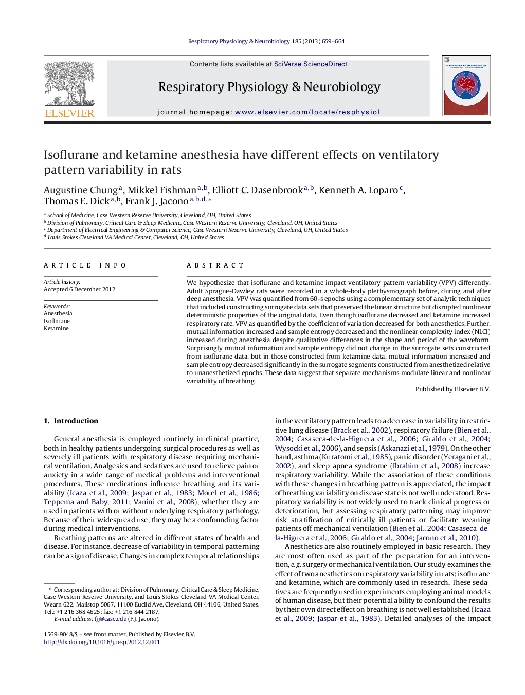 Isoflurane and ketamine anesthesia have different effects on ventilatory pattern variability in rats