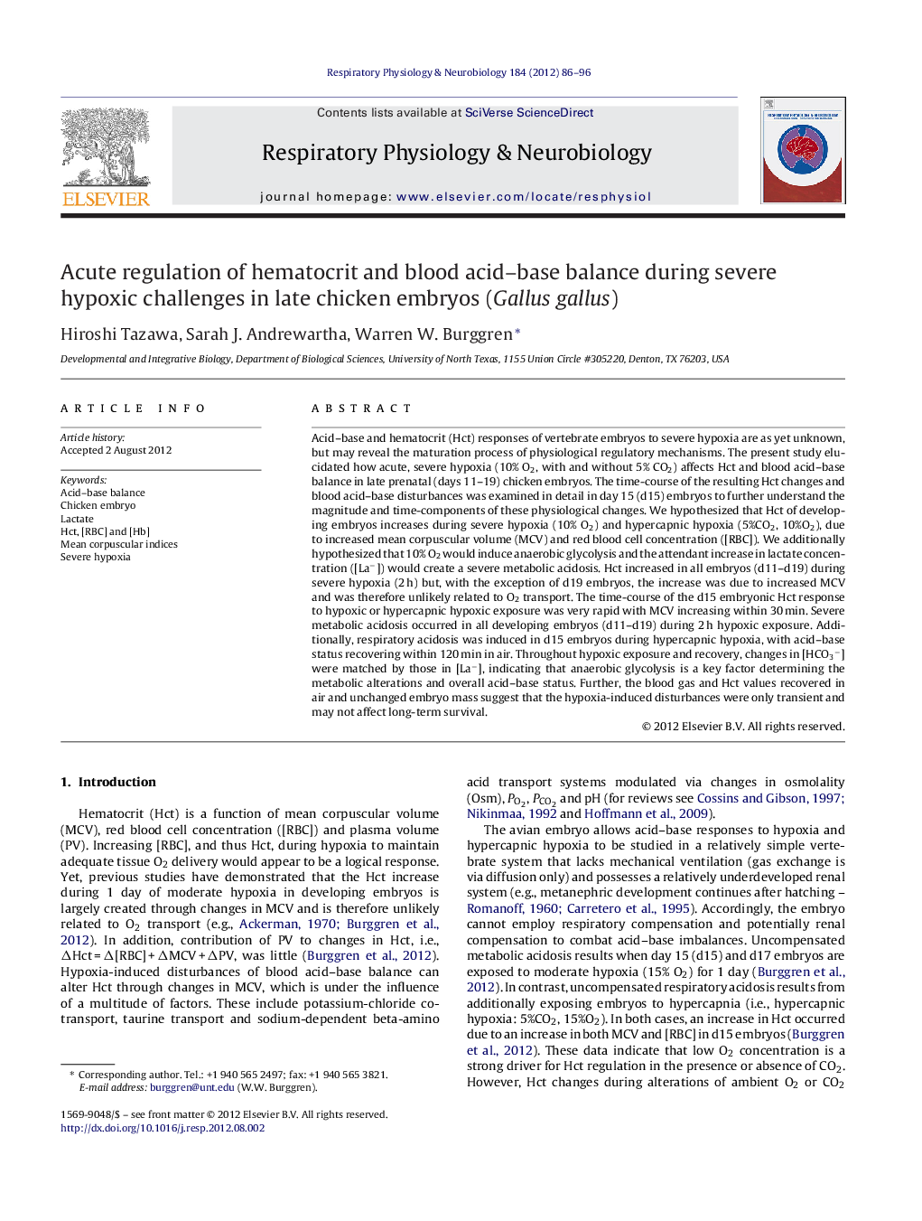 Acute regulation of hematocrit and blood acid-base balance during severe hypoxic challenges in late chicken embryos (Gallus gallus)